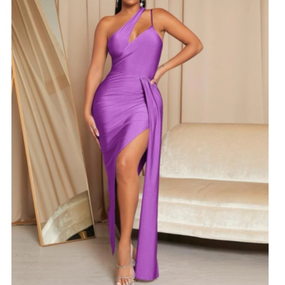 Luxe purple one shoulder slit thigh draped formal party dress